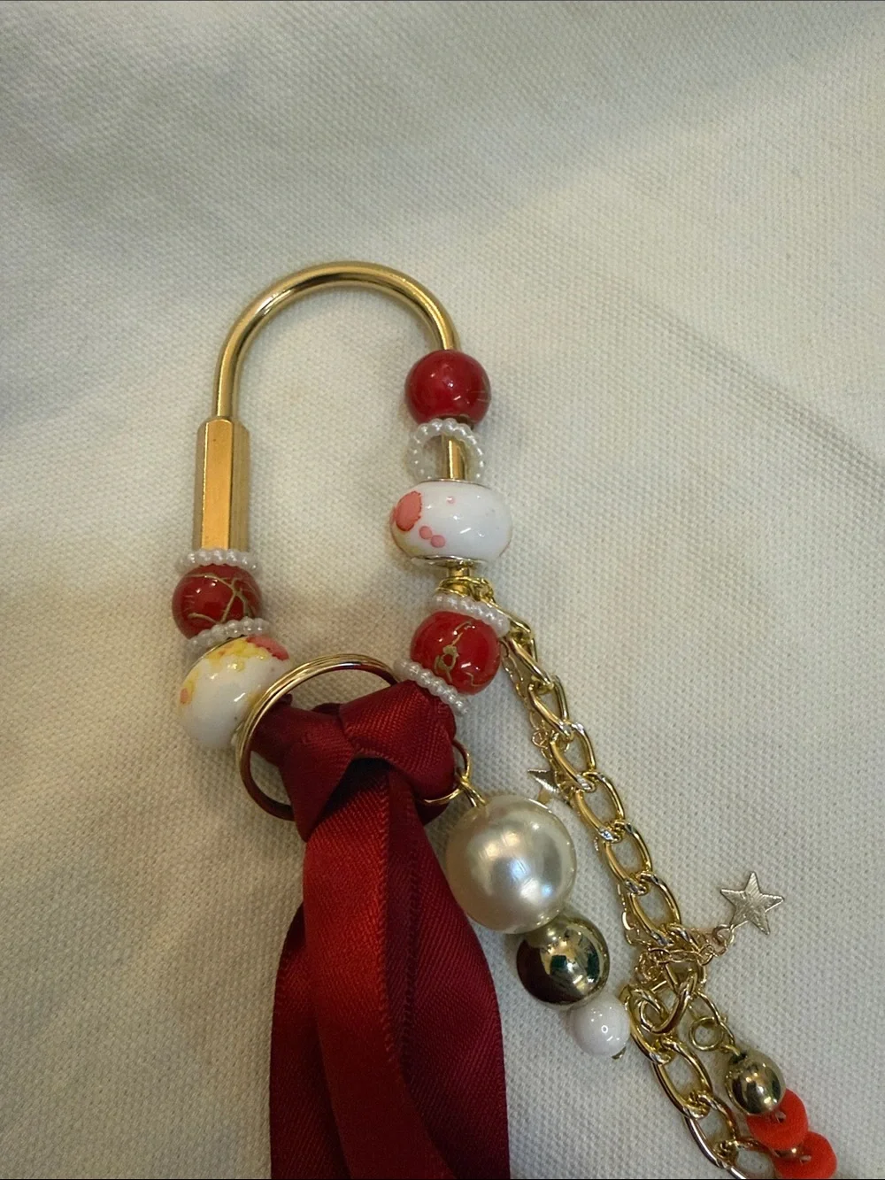 Gold and Red Ribbon Keychain Charm with Beads